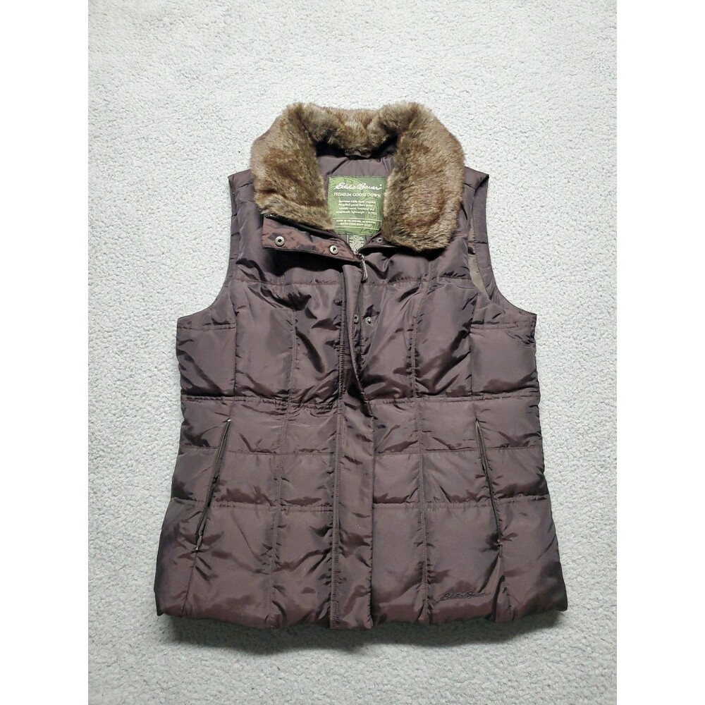 Eddie Bauer Puffer Vest Jacket Womens Size M Brown Goose Down Faux Fur Collar